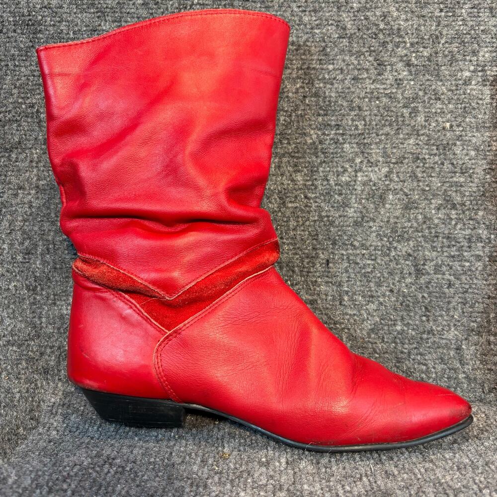 Vintage 80s Red Leather Slouch Pixie Boots Mid Calf Ruched Flat Pull On Size 7.5
